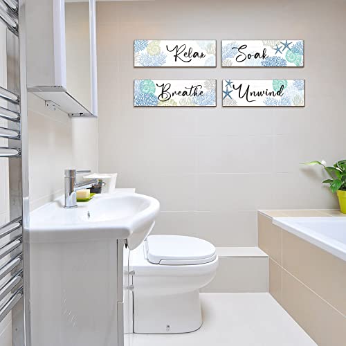 Pinkunn 11 x 3.5 Inches Coastal Christmas Decor Set of 4 Beach Ocean Bathroom Wall Decor Wood Relax Soak Unwind Breathe Wall Art Starfish Seashell Coral Nautical Art Rustic Farmhouse Wooden Signs - Image 7
