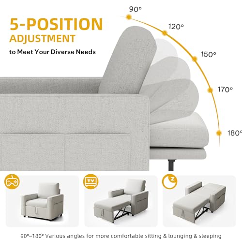 YITAHOME Convertible Sofa Chair Bed, 3-in-1 Linen Fabric Sleeper with Pull-Out Bed, Reclining Backrest & Wide Armrest, Beige by YITAHOME - Image 3