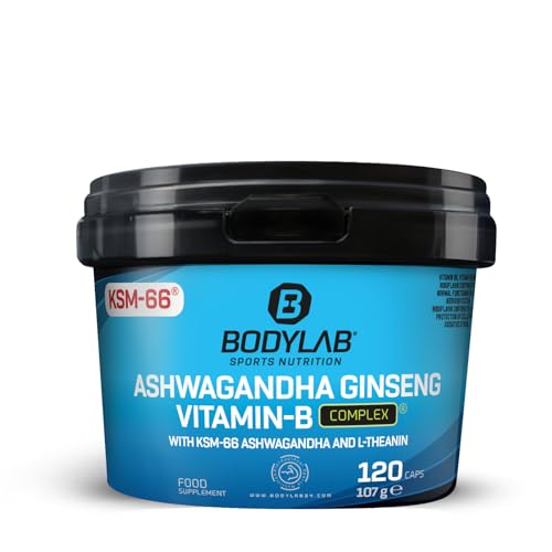 Bodylab24 Ashwagandha Ginseng Vitamin-B Complex 120 Kapseln, enthält 325mg hochwertiges KSM-66® Ashwagandha pro Kapsel, zusätzlich angereichert mit L-Theanin und Gingko biloba