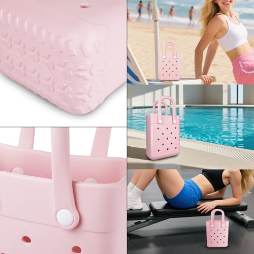 Beach Bag for Women | Waterproof Rubber Tote Bag for Beach, Pool, Travel, Groceries, Sports(Pink, Small)2