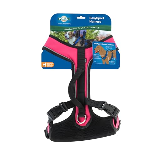 PetSafe EasySport Harness - Durable Padded Fabric, Adjustable Elastic Neckline, Rear-Leash Attachment & Nighttime Reflective Visibility - No Choke or Gag Secure Fit - Medium - Pink