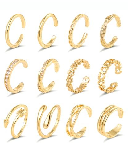 Ofeiyaa JZ04-G12 12Pcs 18K Gold Plated Open Toe Rings Cz Wave Twist Arrow Celtic Knot Heart Thin Band Ring Knuckle Finger Stacking Tail Ring Pack Beach Foot Jewelry Set cover