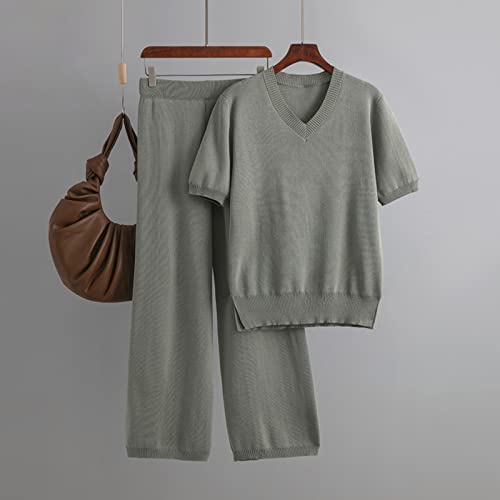 Duowei Moccasins Girls Size Women Spring And Summer Fashion Temperament Loose Casual Short Sleeve V Neck Top And Casual Outfits Grey #TOP1