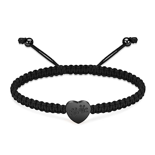constantlife Heart Cremation Urn Bracelet for Ashes - Stainless Steel Paw Print Pendant Keepsake Jewelry Adjustable Braided Wristband Bangle Pet Dog Cat Memorial Gift for Women (Black)