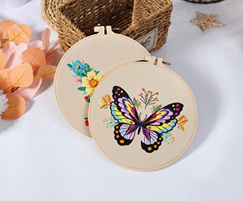 Image of Konrisa Embroidery Kits with Butterfly Flower Pattern, Stamped Embroidery Starter Kit for Beginners Adults Needlepoint Kits Include Embroidery Fabric Embroidery Hoop Threads and Needles,Set of 2