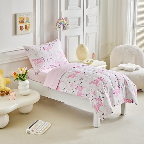 Image of Uniorn Toddler Bedding Set for Girls Light Pink Colorful Unicorn 4PC Toddler Bed Set - Soft Pink Flowers Cute Princess Toddler White Bed in a Bag with Pink Sheet Set and Pillow Shams