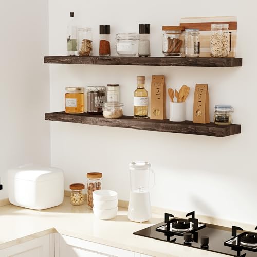 Image of Vivelove Wood Floating Shelves Live Edge 32 inch Set of 2, Dark Walnut