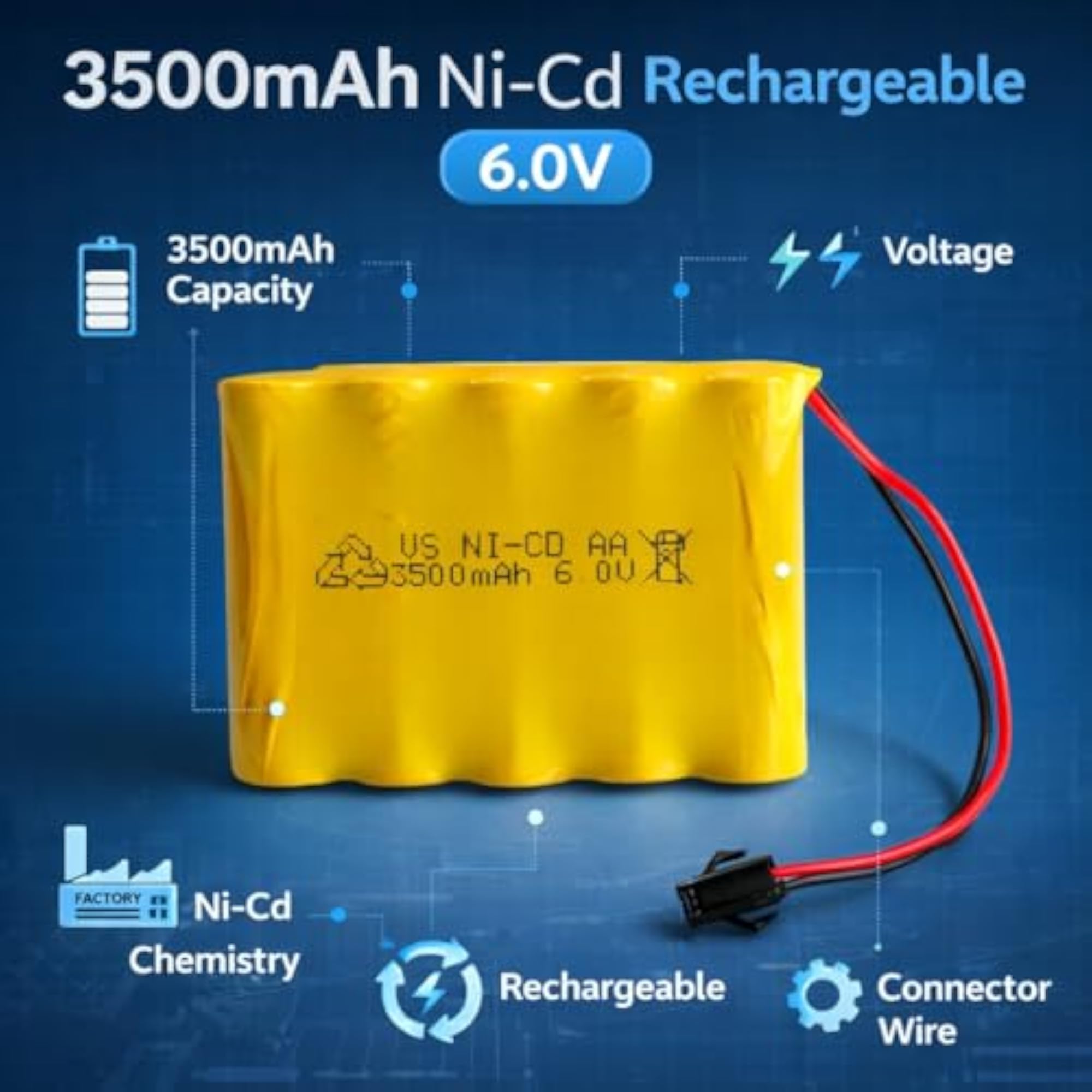 Compatible with 3500mAh 6.0v Ni-Cd AA Cell Pack