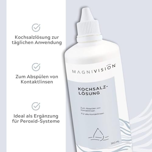 MAGNIVISION Kochsalzlösung, 360ml Kochsalzlösung für Kontaktlinsen, zum Abspülen von weichen & harten Kontaktlinsen, boratfrei, Made in Europe