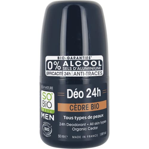 SO'BiO étic | Natural Deodorant for Men | 24 hr Odor Protection, Aluminum Free & Organic | For Sensitive Skin | Cedar | Roll-On 1.69 oz