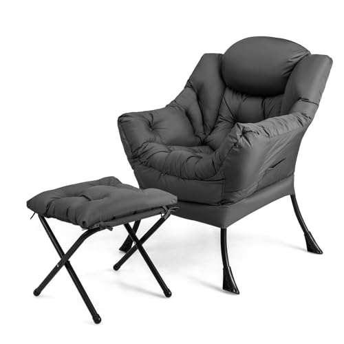 GOPLUS Sillón de Salón con Reposapiés, Sillón Relax con Reposabrazos, Taburete Plegable, Cojín Extraíble y Bolsillo Lateral, Sofá 1 Plaza para Dormitorio Sala de Estar Oficina (Gris)