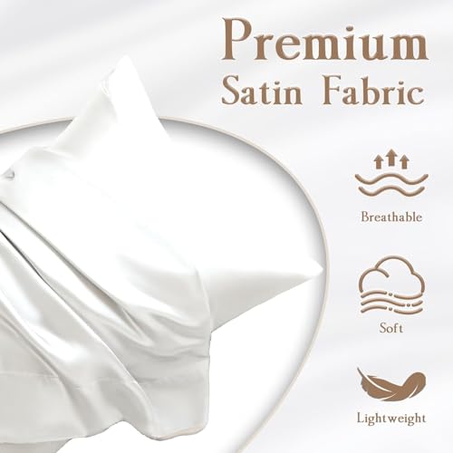 Image of Satin Pillow Covers Set of 2 with 3 Free Random Color Hair Scrunchies - Anti-Frizz, Skin-Friendly, Soft & Durable Pillowcase Set for All Hair Types (White)