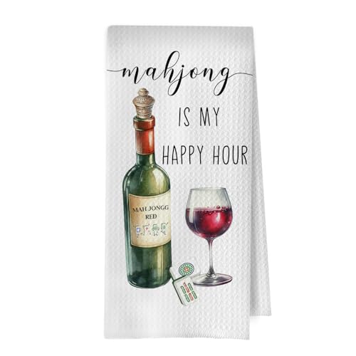 Image of Mahjong Wine Kitchen Towel - Mahjong is My Happy Hour Decorative Waffle Dish Towels, Mah Jong Gifts Hand Bar Towels, Tea Towel for Wine Lovers, 16x24 Inch