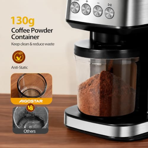 Image of Aigostar Conical Burr Coffee Grinder Electric, Coffee Bean Grinders Automatic, Adjustable Burr Mill with 52 Precise Grind Setting, Burr Coffee Grinder for Espresso Drip Coffee and French Press, Black