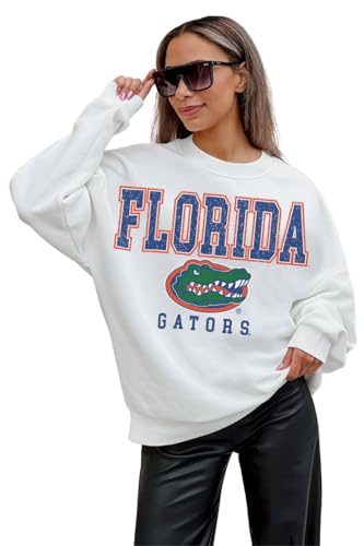 Florida Gators Game Day Freestyle Premium Fleece Drop Shoulder Long Sleeve Crewneck Graphic Pullover (US Alpha Large Regular Regular) White
