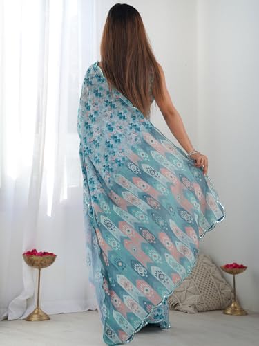 Image of Panzora Women's Chinon Printed Saree With Unstitched Blouse Piece