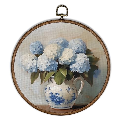 XBBMGG Vintage Hydrangea Floral Wall Art Decor, Blue and White Chinoiserie Vase Flowers Round Wall Hanging Decor, Spring Grandmillennial Framed Canvas Prints for Living Room Bathroom Decorations
