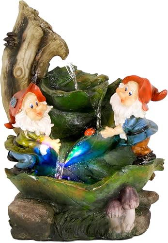 Primrose 36cm Two Gnomes Perched on Leaves Cascading Water Fountain with LED Lights Wood Effect Outdoor Feature