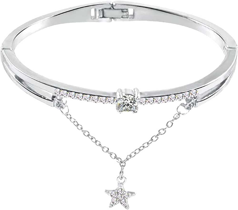 Bling Queen Womens Star Drop Cuff Bracelet With Cubic Zirconia&Crystals,Fold Over Clasp Crystal Bracelet,Charm Bracelet,Link Chain Bracelet,Stylish Bracelets Chain,Pendant Bangle Bracelet(Silver) (B09MRVPQKT) Amazon Price History, Amazon Price Tracker