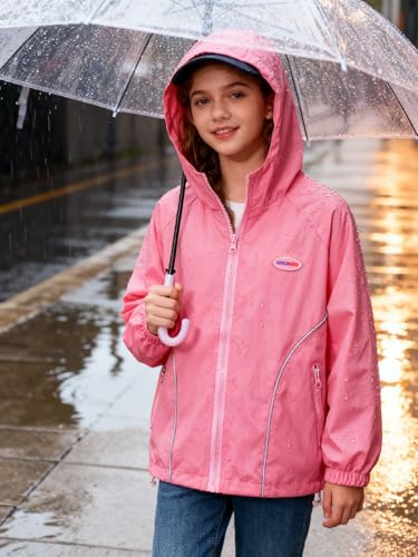 Image of WELAKEN Lightweight Jacket for Girls Kid Teen Waterproof Windbreaker Hooded Rain Coats with Pockets