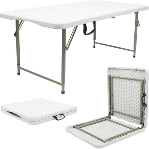 SKY-TOUCH Folding Lightweight Trestle Outdoor Camping Table Heavy Duty Plastic Outdoor Picnic Table Folds in Half with Carry Handle White (120x60x75cm)