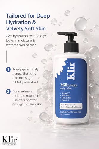 Image of Klir Milkyway Body Lotion with Aquaxyl, Goat Milk & Shea Butter for 72H Moisture Lock | 200ml