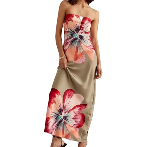 Felcia Women's Elegant Floral Long Dress Summer Strapless Backless Tube Dress Casual Party Beach Vacation Bodycon Dress (B-Green, S)