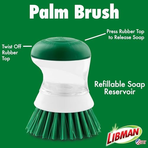 Image of Libman Palm Brush with Soap Dispenser - Dish Brush for Pots, Pans & Kitchen Sink Cleaning - Ergonomic Grip, Non-Leaking Button, Durable Angled Bristles - Recycled PET Fibers - 4 inch x 3.25 inch