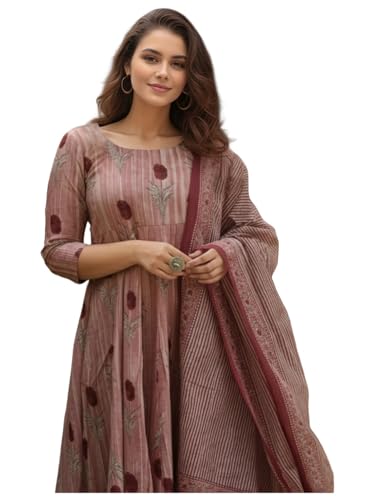 Image of GoSriKi Women's Rayon Viscose Printed Anarkali Kurta with Pant and Dupatta Set | Flared Ethnic Kurta Set for Women | Comfortable Traditional for Festive, Casual and Daily Use