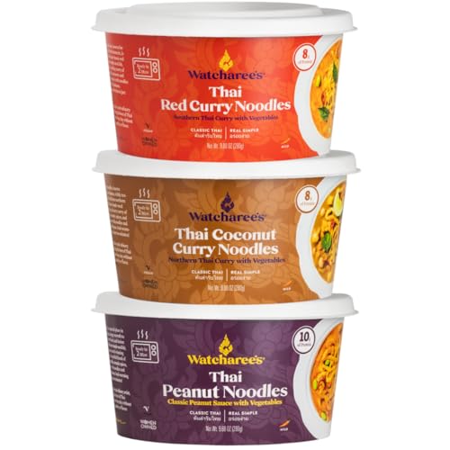 Watcharee's Classic Thai Noodles Bowl Variety Pack | Coconut Curry, Red Curry, and Peanut Sauce | Mild Heat, Vegan, Ready In 2 Mins | Made In Thailand - 3 Pack (9.88 oz Each)
