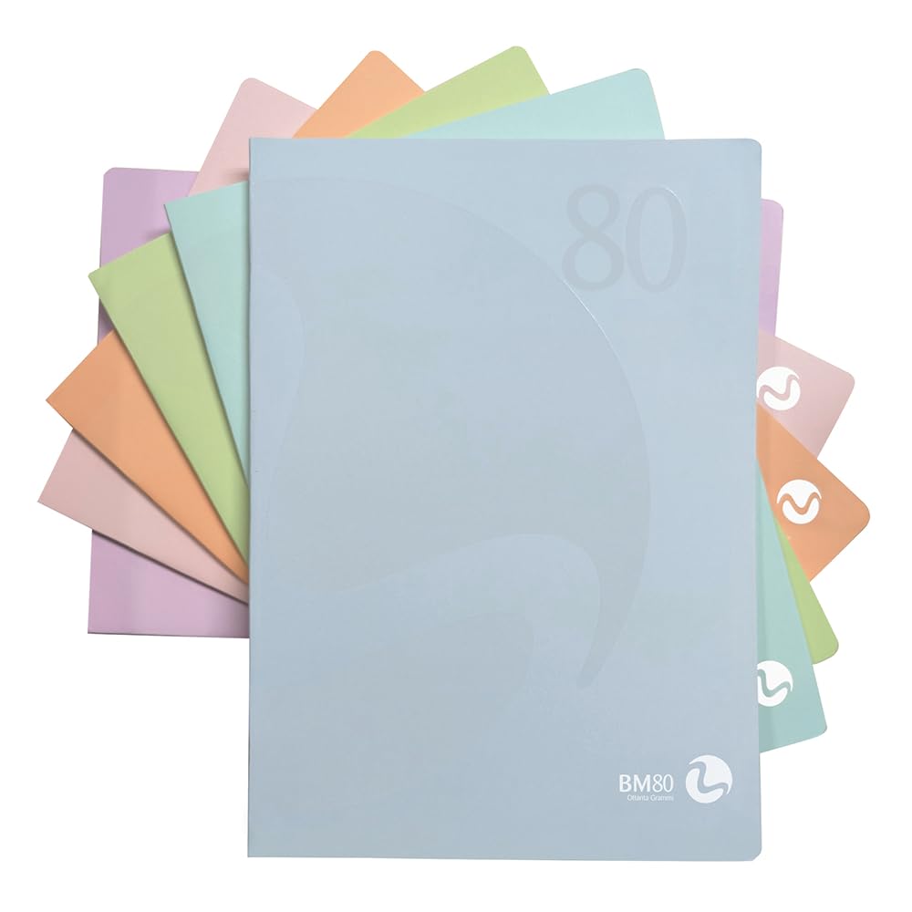 BM BeMore Colour 80 Pastel – 0121005 – A4 Notebook – Q Ruling – 5 mm Squares with Margins for Elementary – Paper 80 g/m² – Assorted Colours – Pack of 10
