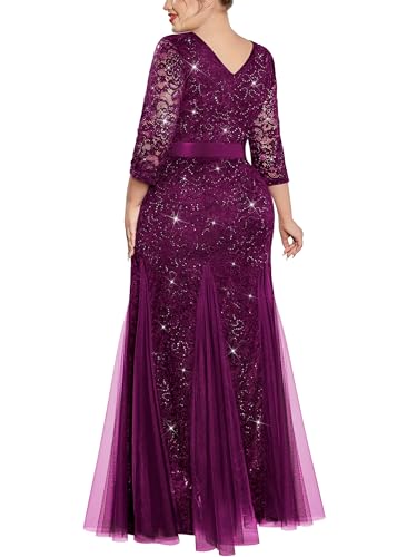 MISSMAY Women's Plus Size Double V-Neck Sequin Lace Tulle Mermaid Evening Wedding Formal Dress for Curvy Women2