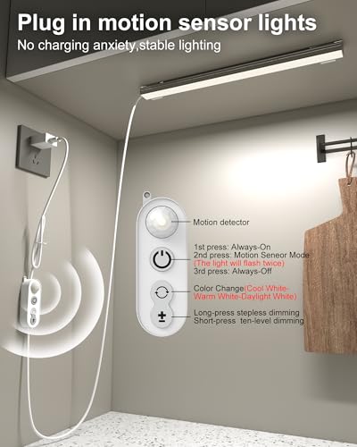 Image of ASOKO Motion Sensor Dimmable Led Under Cabinet Lighting,14.5in USB Plug-in Under Desk Light with 3 Color Changing(2700K, 4000K,6000K),Dimmable LED Light Bar for Home Kitchen,Cabinet,Pantry