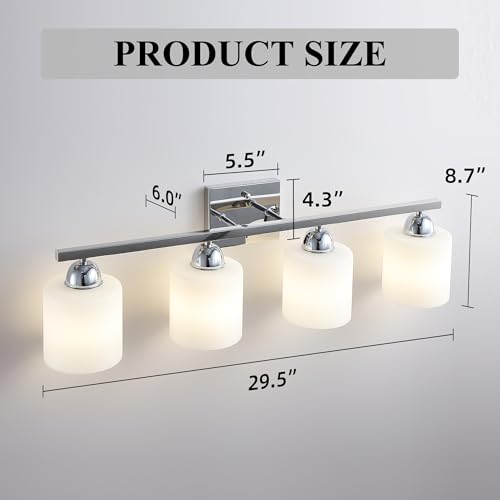 Image of Mecgirn Stainless Steel Milk Glass Vanity Lights for Bathroom, 4 Light Chrome Bathroom Light Fixtures Over Mirror, Ceramic E26 Sockets Wall Mounted