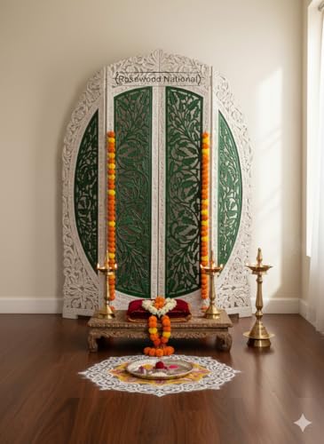 Image of Wooden Room Divider 6 Feet, 4-Panel Folding Wooden Partition for Living Room, Office, Pooja Room, Restaurant, Kitchen & Balcony (2W x 1.82H Meters). (White-Green)