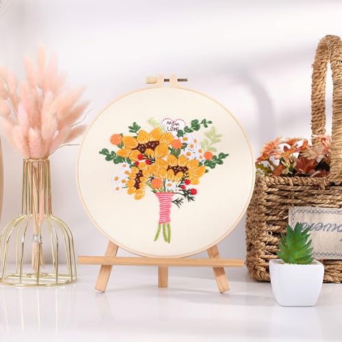 Image of FONNUY Bouquet Flowers Embroidery Kit Love Mom for Beginners, Pre-Stamped Pattern Kits for Adults with Hoop, Easy to Follow Color Thread Needlework, 8'' Hoop (Sunflowers)