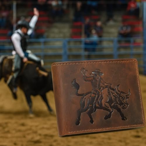 MARSHAL Western Rodeo Bull Rider Design Genuine Leather RFID Blocking Cowboy Bifold Wallet for Men (Brown)3