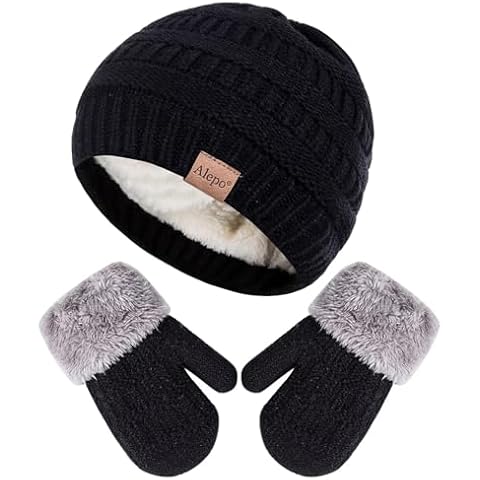 Winter Mittens Gloves Beanie Hat Set for Kids Baby Toddler Children, Unisex Cute Thick Warm Knit Fleece Lined Thermal Set for Boys Girls(Black) Cover