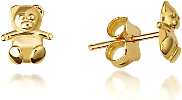 Teddy Bear Stud Earrings Real Solid 14K Yellow Gold