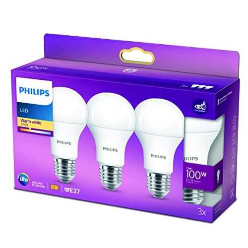 Bombillas Led E27 Philips - Bombilla LED equivalente, 100 W, E27, blanco cálido, no regulable, plástico, 3 unidades