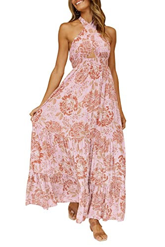 ZESICA Women's 2025 Summer Crossover Halter Neck Sleeveless Plaid Cut Out Backless Flowy A Line Maxi Dress,Lightbrown,Small