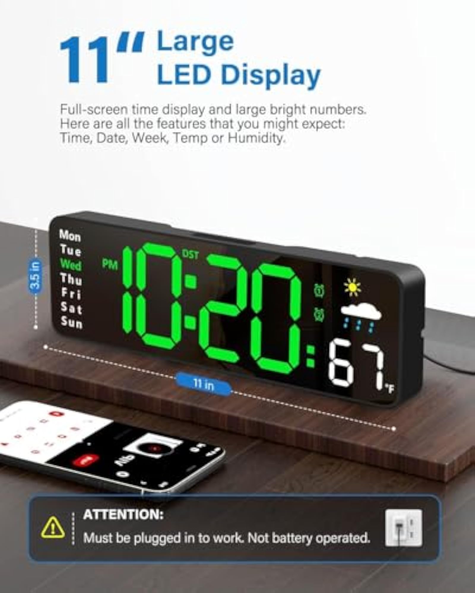 Digital Wall Clock with Large Display and Remote