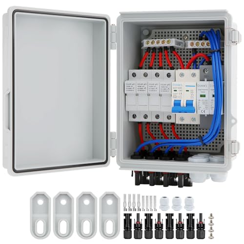 4 String Solar Combiner Box IP65 Waterproof PV Combiner Box with 20A Rated Current Fuse 63A Air Circuit Breaker Lightning Arrester for On/Off Grid Solar Panel System