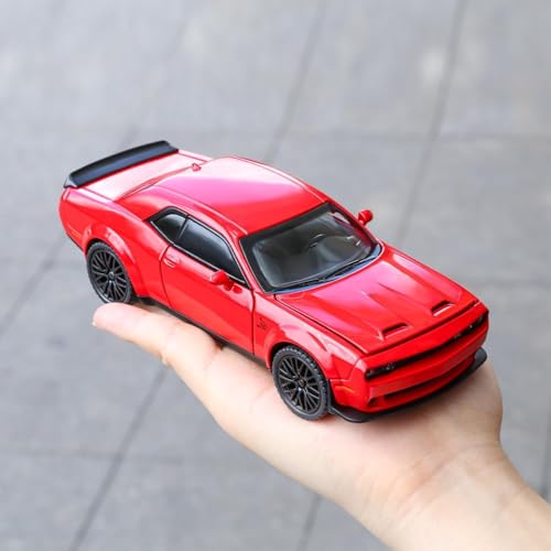 Image of Dodge Challenger Hellcat Toy Car 1:24 Scale Collection Diecast Metal Toy Model Car for Kids Light Sound Pull Back Openable Door