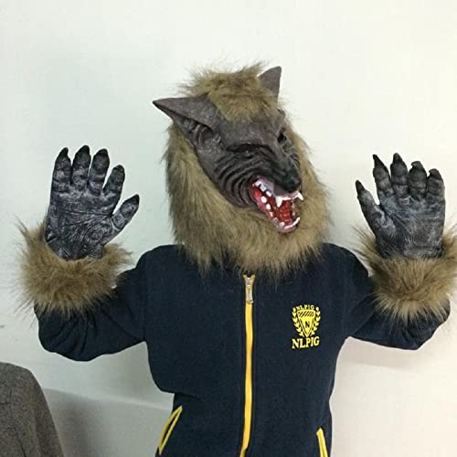 Jezzful Werwolf Kostüm Set, Wolfskralle Handschuhe und Kopfmaske für Halloween, Cosplay Kostüm Party - Böser Wolf Maske mit Klauen Handschuhen Horror Maske für Halloween & Fasching, Karneval Cover