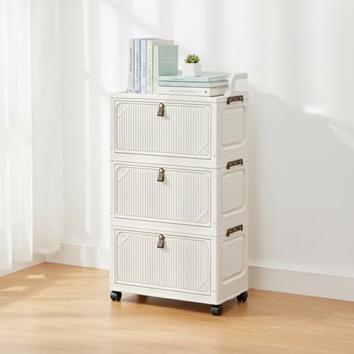 Image of House of Quirk Foldable Storage Box Cart with Wheels & Handle, Multi-Layer Stackable Plastic Storage Bins with Lid, Front Opening Door Organizer, Large Capacity Portable Cabinet (White, 3 Layer)