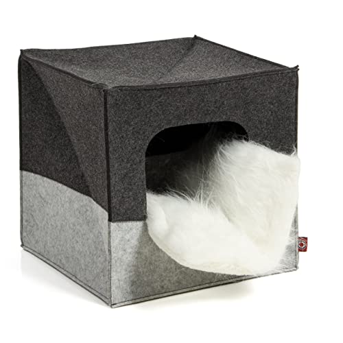 CanadianCat Company | Katzenhöhle Katzenbox aus Filz, passend für IKEA Regal Kallax und Expedit, Katzenhaus inkl. 2-Funktion-Wendekissen, hellgrau/dunkelgrau, ca. 33 x 33 x 33 cm
