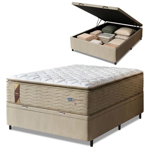 Cama Box Baú Colchão Casal Probel Molas Guarda Costas Max Pillow Top 138x188x81cm Branco/Bege - Suporta até 180kg por Pessoa