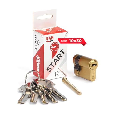 IFAM Cilindro Puertas Start-R, 10x30mm, Leva 15mm, Bombín Cerradura de Seguridad con 6 Pitones de Acero, Incluye 5 Llaves Reversibles, Sistema Antiganzúa y Antitaladro, Perfil Europeo, Acabado Latón