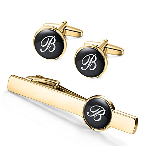 ORAZIO Engraved Tie Clip and Initial Cufflinks for Men Women Alphabet Letter A-W Cufflinks Tie Bar Set for Business Wedding Gold Tone (B)